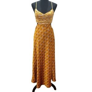 House of Harlow 1960 M Gold Purple Smocked Cut Out Geometric Art Deco Maxi Dress